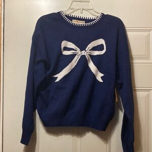 Love Change Navy Sweater with Cream Bow L‎ NWT